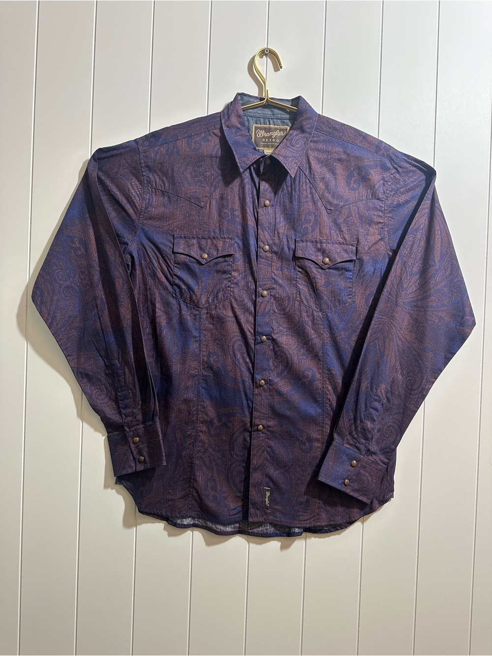 Wrangler Retro Western Shirt Mens Large Blue Brown Paisley Pearl Snap